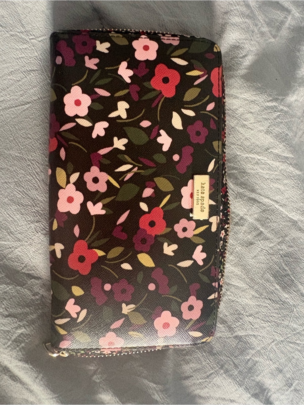kate spade Black Floral Zip Around Wallet with Pink & Red Blooms